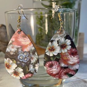 Wooden Earrings in Vintage Floral Print